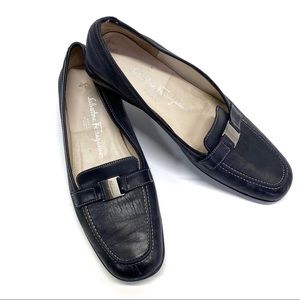 Salvatore Ferragamo Navy Blue Leather Loafers